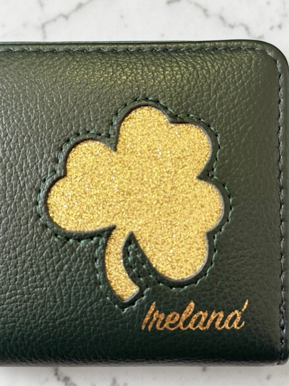 New With Tags Ireland Green Faux Leather Zip Wallet with Gold Clover